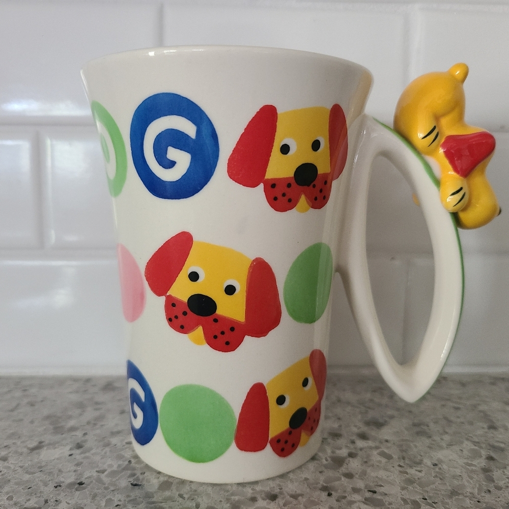 D-O-G Coffee Cup Mug Fine Stoneware Hand Painted 3D Dog Handle Indra Brand